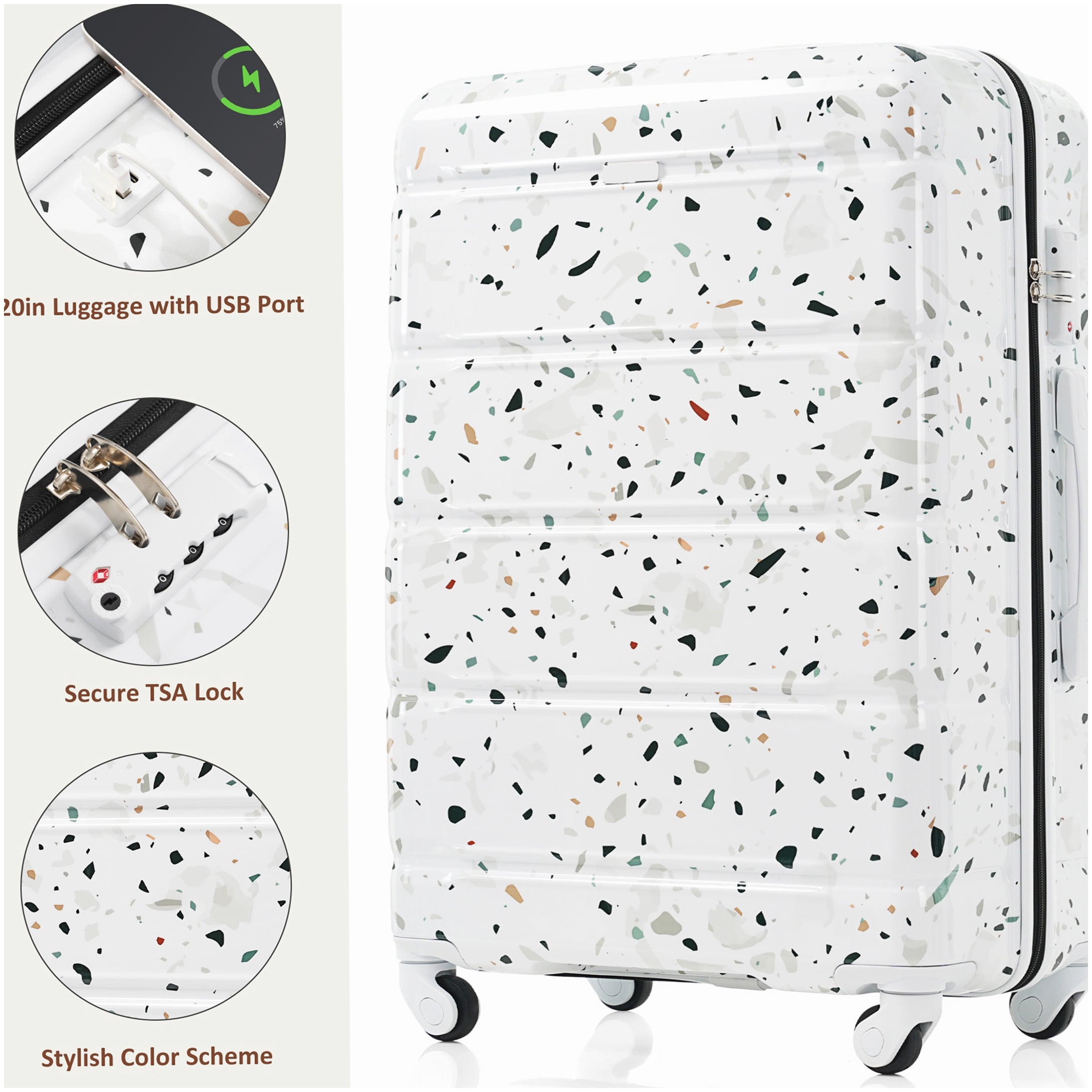 ABS PC Hard Shell Suitcase Set of 3 with USB, 20 Inch Carry On Luggage, 360° Spinner Wheels, White