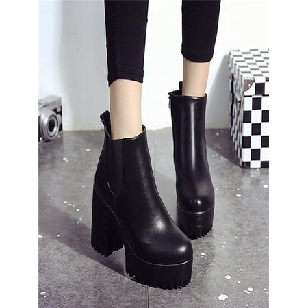Women Boots Square Heel Platforms Leather Thigh High Pump Boots Shoes