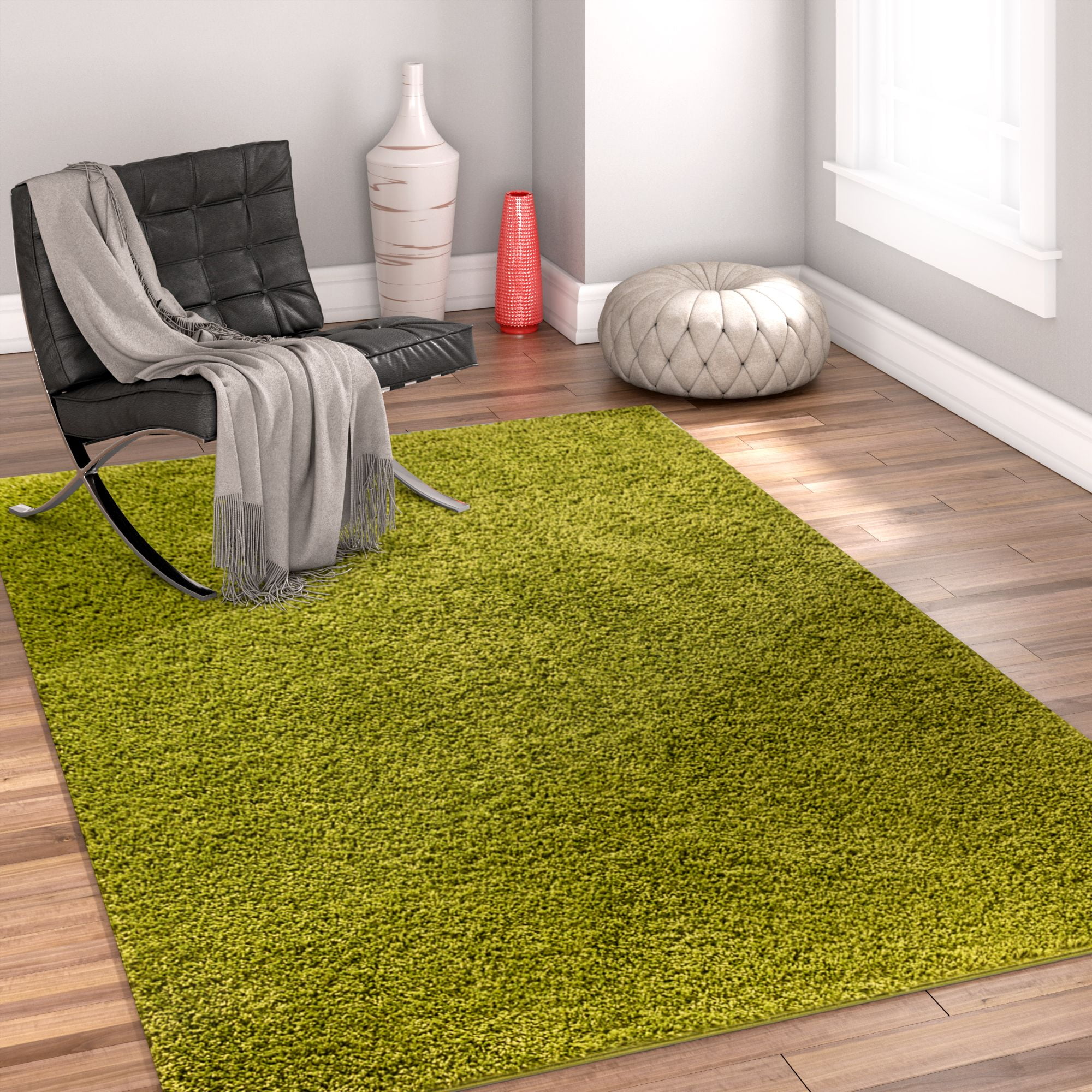 Well Woven Madison Shag Plain Green Area Rug