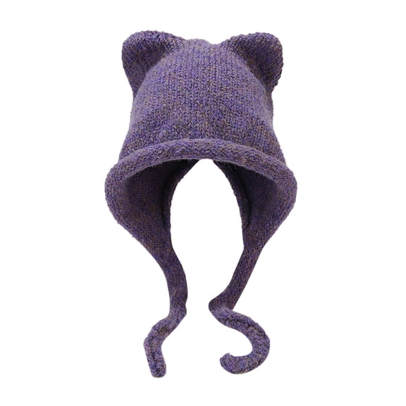 AWZXDE Womens Winter Hat Color Block Knitted Cap with Cat Ears and Small Braids Cute Warm Knit Hat for Cold Weather Winter Hats for Women Purple,One Size