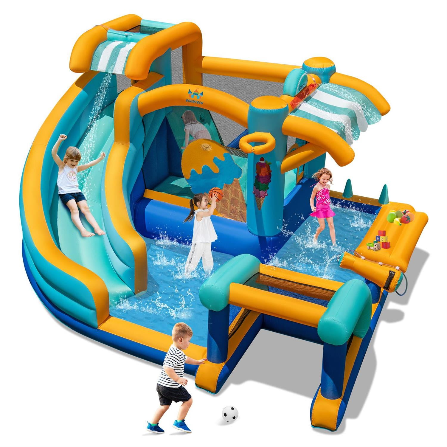 Spaco Inflatable Water Slide, 735W High-Power Blower, Curved Slide + Splash Pool, High-Density Oxford Cloth, Multicolor