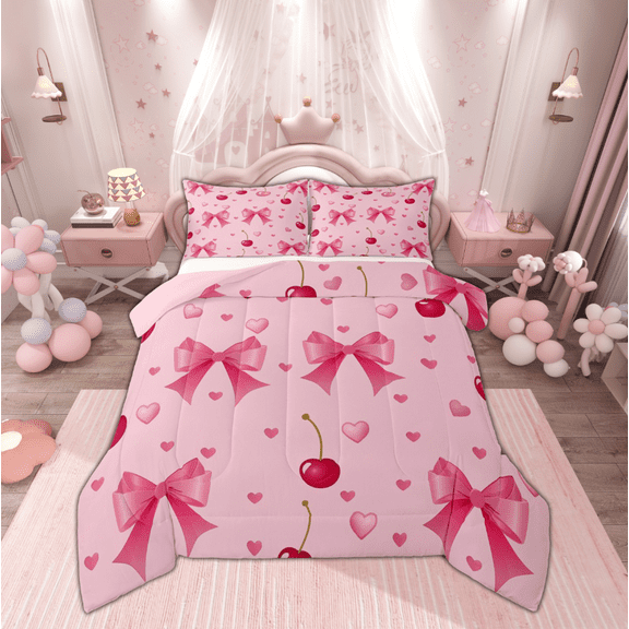 Manfei Girls Pink Ribbon Bedding Comforter Set, Cartoon Bowknot Bow-tie Twin Comforter Sets, Princess Cherry Love Heart Reversible Bedding Set, Microfiber Bedroom Decor, 2 Pieces