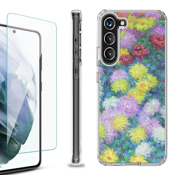 Shockproof Bumper Phone Case for Samsung Galaxy S23 5G, with Tempered Glass Screen Protector, by OneToughShield ® - Chrysanthemums