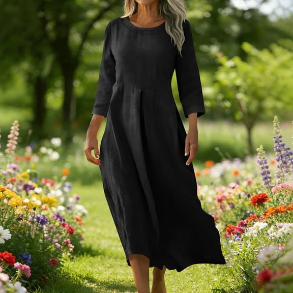 Women's Loose Linen Long Dress 3/4 Sleeve With Pockets Breathable Soft Casual Dress for Summer Office Wear Weekend Trips Shopping Days Black M