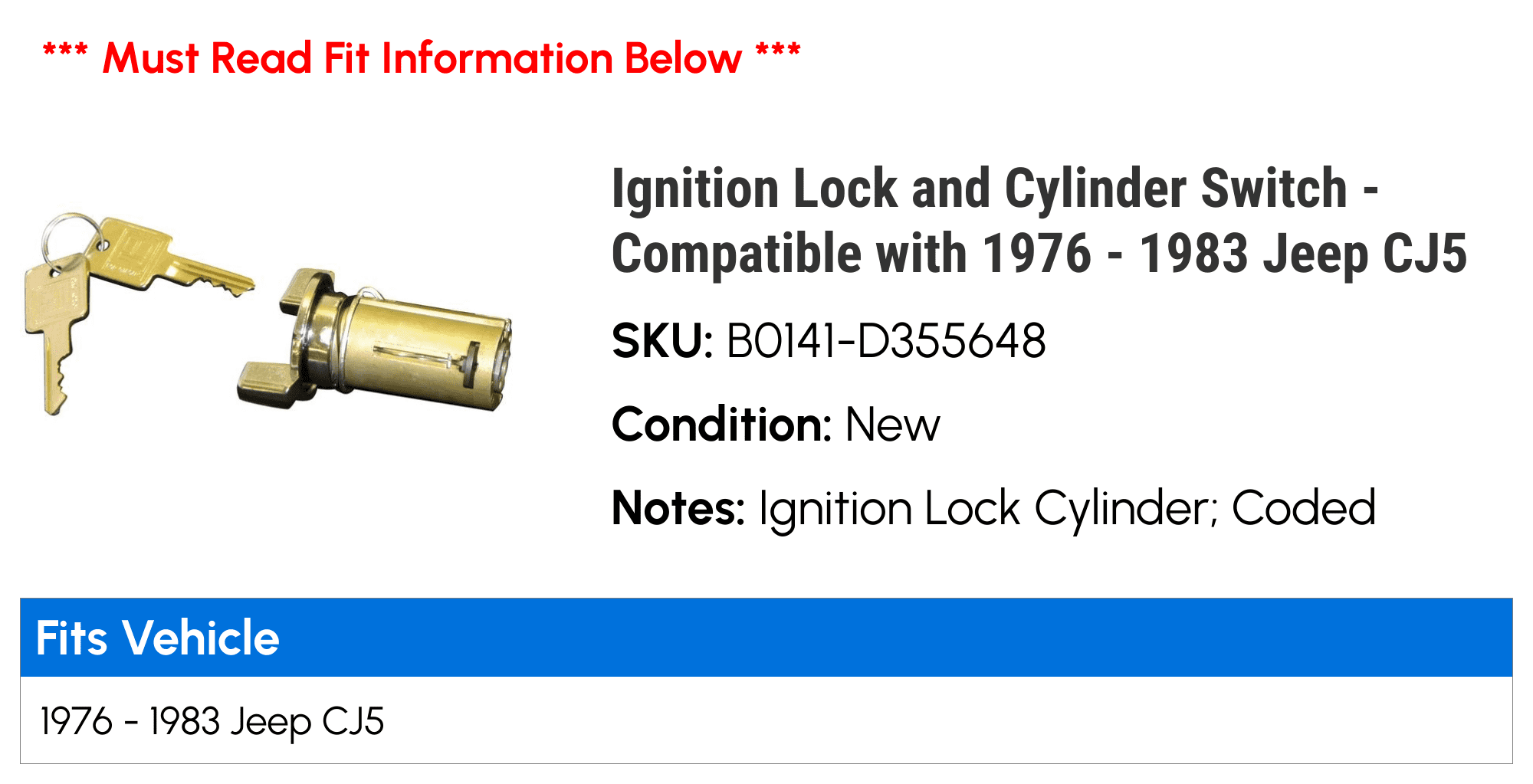 Ignition Lock and Cylinder Switch - Compatible with 1976 - 1983 Jeep CJ5 1977 1978 1979 1980 1981 1982