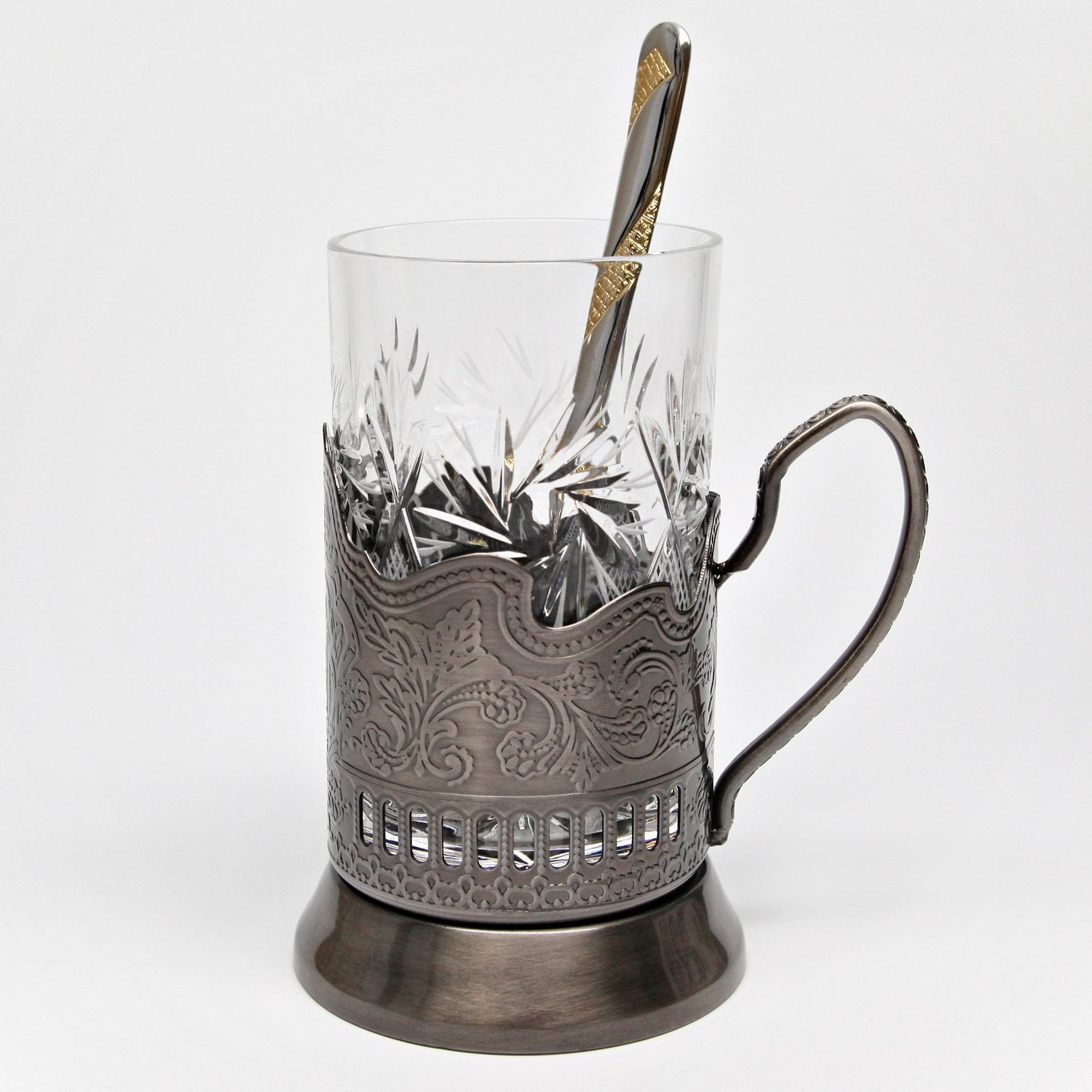 1 Russian Crystal Hot Tea Glass 8.5 Oz & 1 Metal Glass Holder Podstakannik 1 Russian Crystal Hot Tea Glass 8.5 Oz & 1 Metal Glass Holder Podstakannik