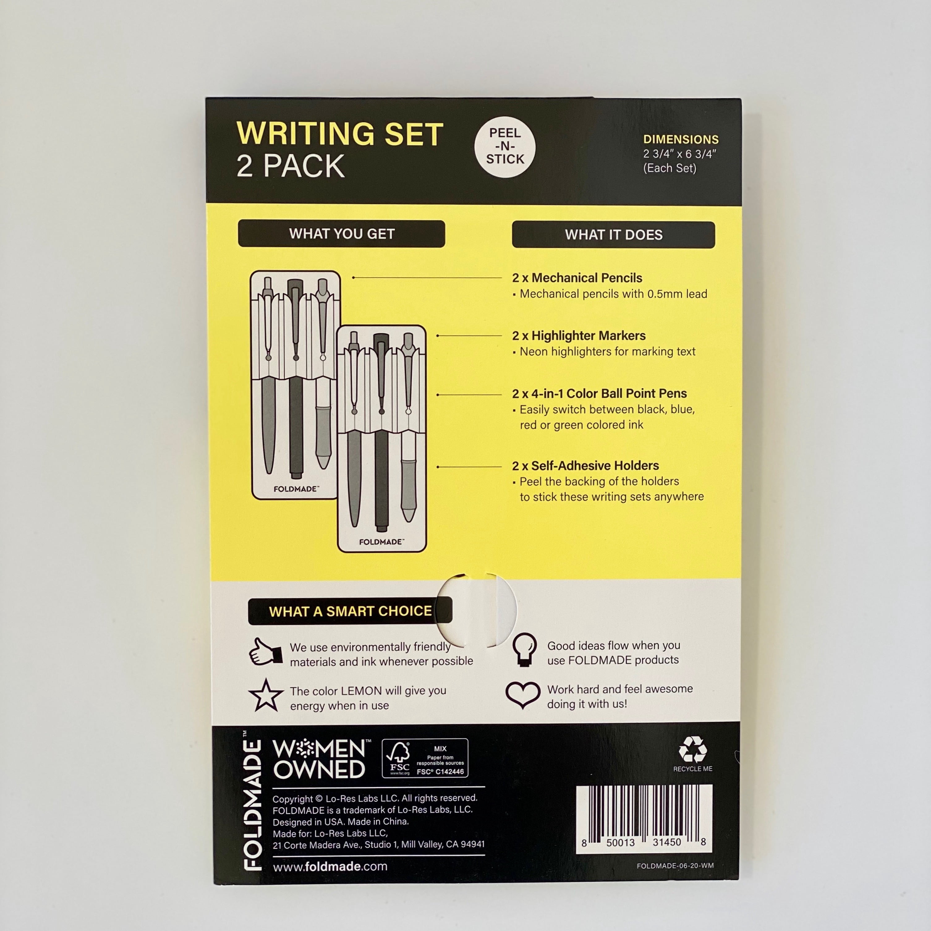 Foldmade Writing Set 2 Pack - Peel-N-Stick Pen Set, Lemon Yellow