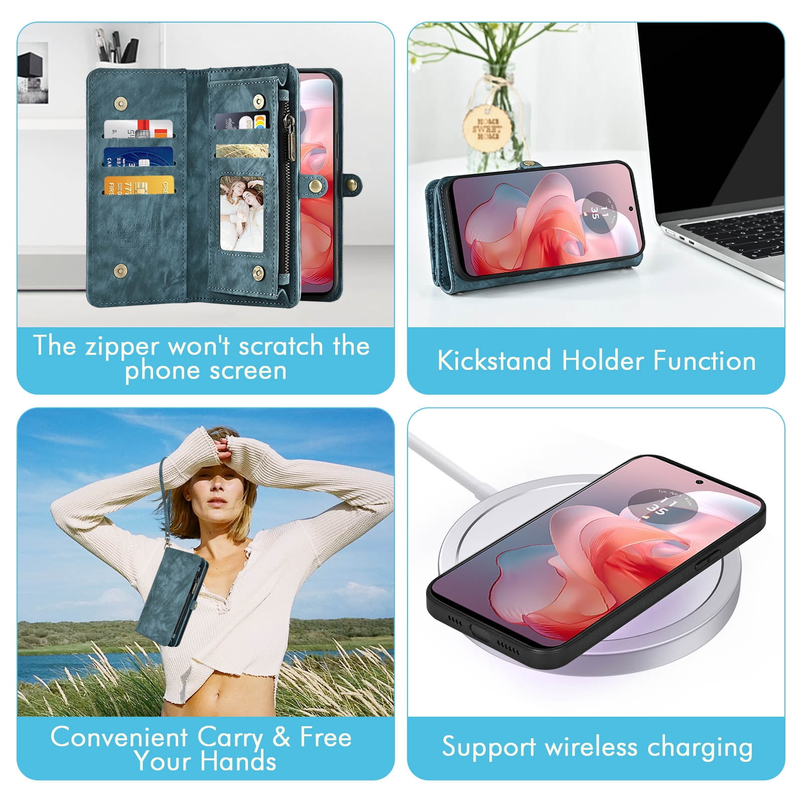 Asuwish Compatible with Motorola Moto G Power 5G 2024 Phone Case Zipper Wallet Detachable Tempered Glass Screen Protector Crossbody Lanyard Strap Flip Card Holder Cell Cover for G5 Women Girls Blue