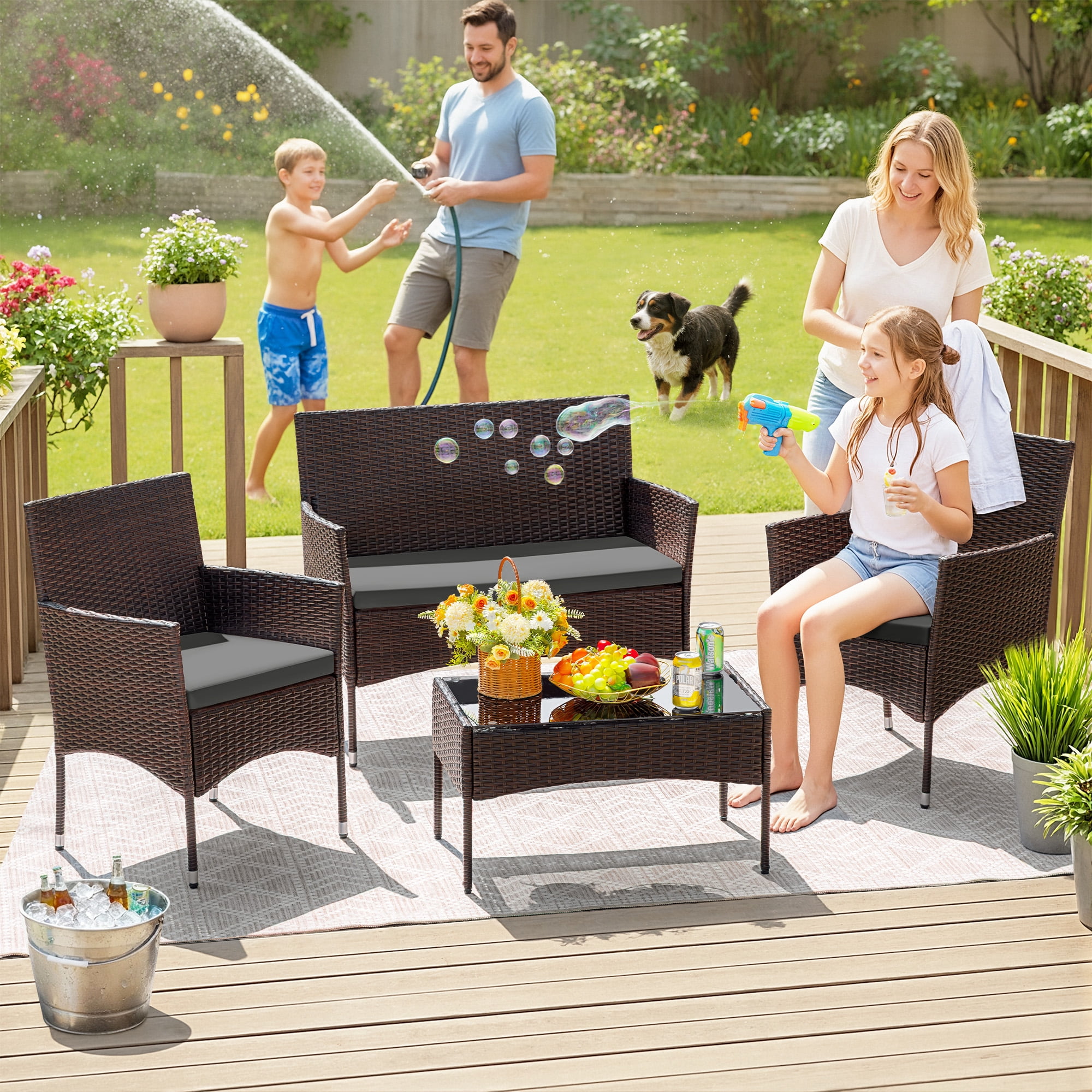Homall 4 Pieces Patio Conversation Set Outdoor Furniture Rattan Chairs Wicker Seating with Cushion and Table Weather-resistant for Porch Garden Backyard, Brown /Gray