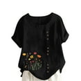 thumbnail image 2 of Lydiaunistar Womens Spring Tops Plus Size Casual Round Neck Short Sleeve Printed Button-Up Blouse - Lightweight Polyester Shirt for Summer, Work, Party, Vacation Black, 2 of 4