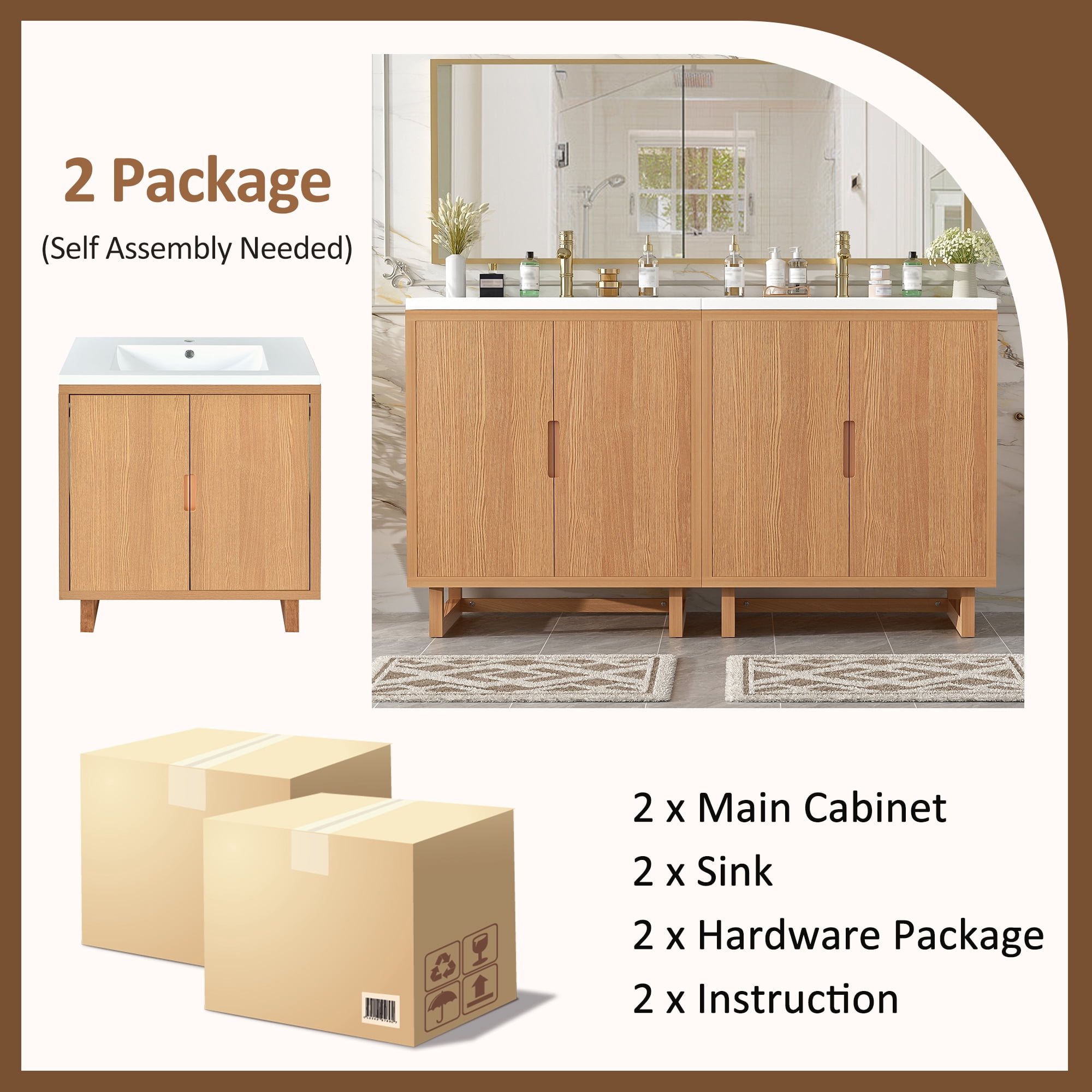Euroco 60.2" Bathroom vanity Set with Sink, Combo Cabinet, Bathroom Storage Cabinet, Solid Wood Frame