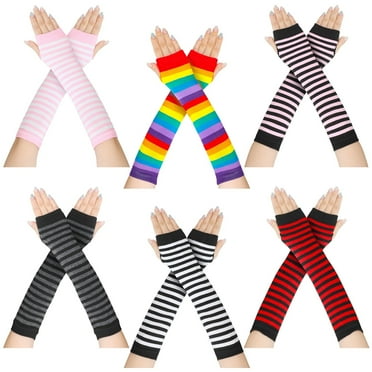 Bocaoying 6 Pairs Arm Warmers For Women, 10.62 inches Fingerless Gloves, Long Gloves Winter Mittens Length Knitted Arm Warmers, Striped Arm Warmers for Women Girls