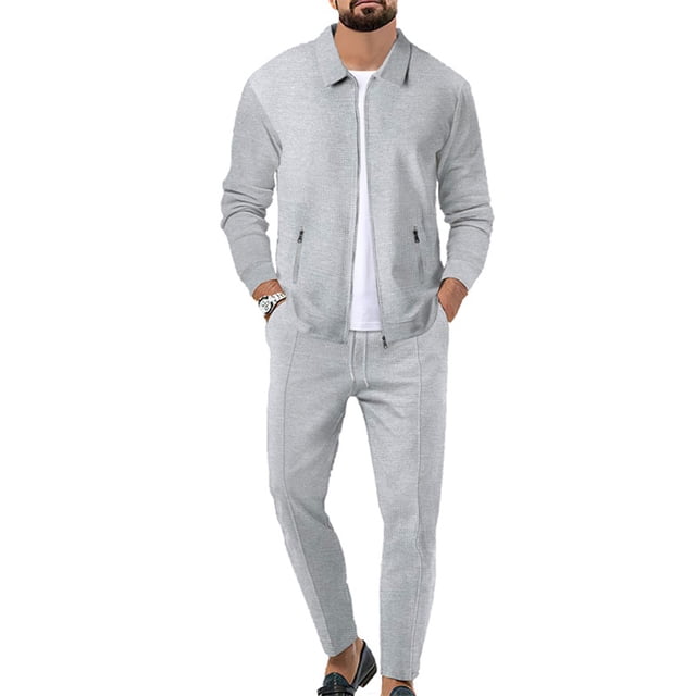 FOCUSNORM Men’s 2 Piece Tracksuit Set Long Sleeve Zip Up Waffle Jacket + Pants Set Loungewear Sweatsuit