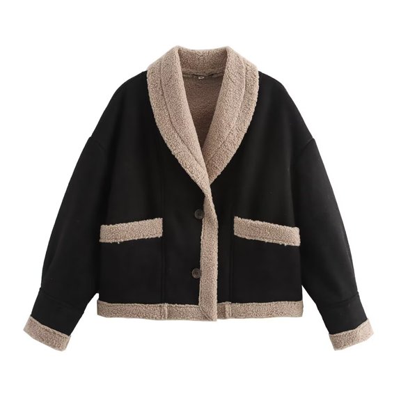 Faux Fur Winter Jacket Loose Casual Overcoat (S, Black)