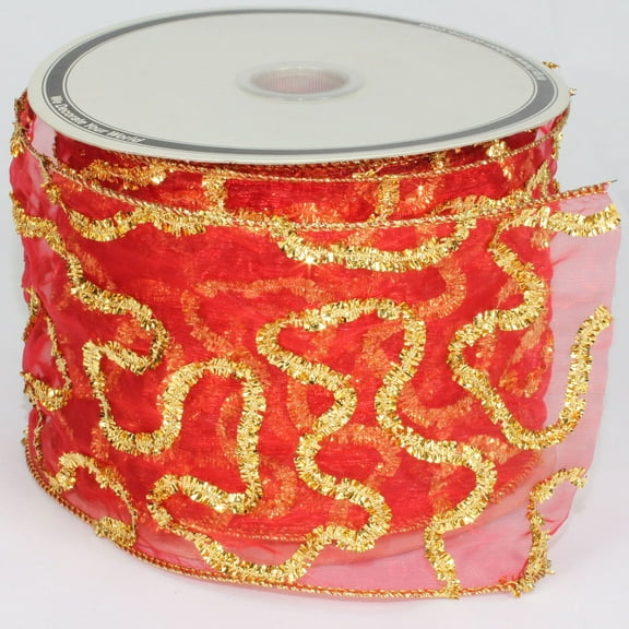 The Ribbon People Sheer Red with Gold Swirl Wired Craft Ribbon 4" x 20 Yards