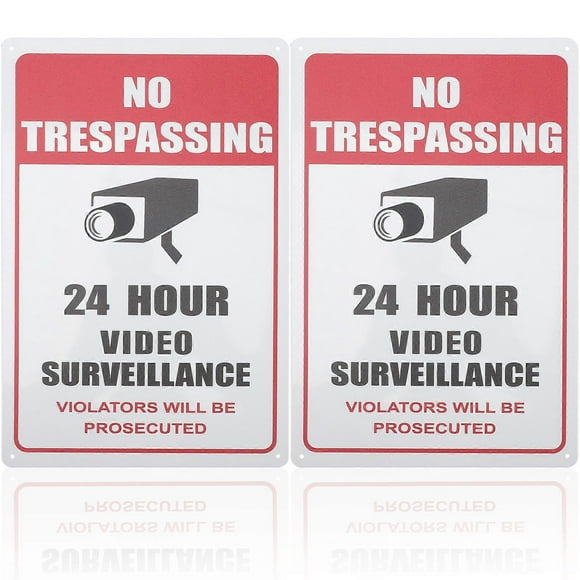 2pcs The Whole Day Video Surveillance Sign No Trespassing Metal Warning Sign
