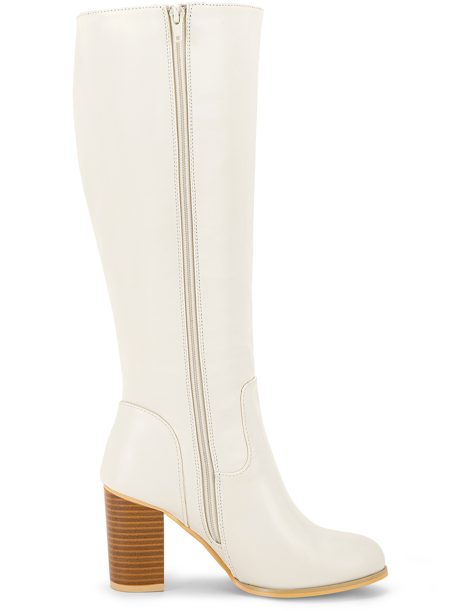 DARING DIVA Women's Round Toe Block Heeled Knee High Boots Cream 10