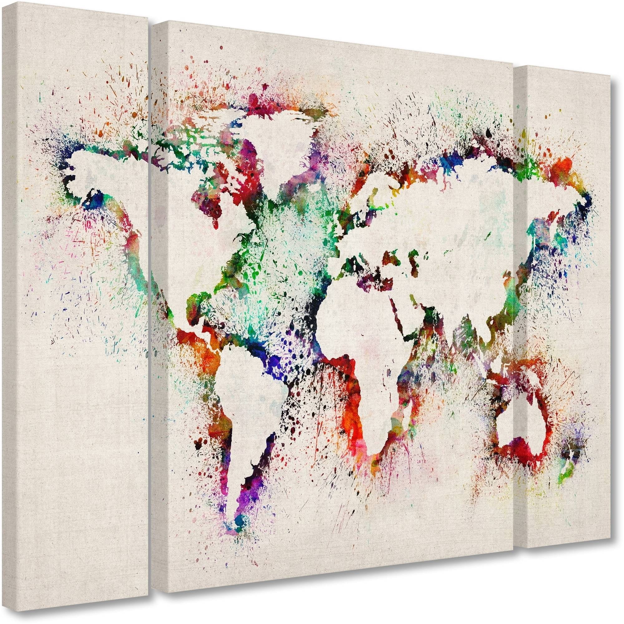 Trademark Fine Art "World Map Paint Splashes" Canvas Art by Michael Tompsett Three Panel Set