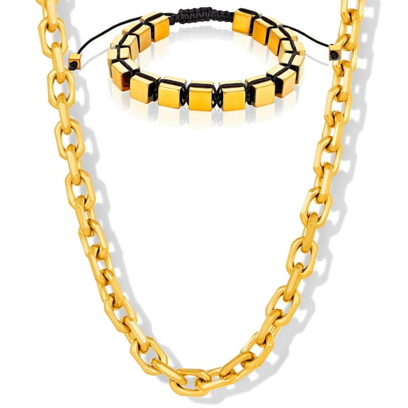 Invicta Jewelry Men's Gold Hematite Stone Bracelet and Chain Necklace Set