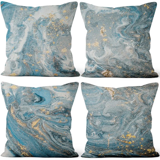 LAICAIW Marble Pillow Covers 16x16 Inch, Luxury Liquid Blue Marble Texture Modern Decorative Pillow Covers Square Cotton Linen Couch Pillow Cases for Home Decor, Set of 4 (No Insert Included)