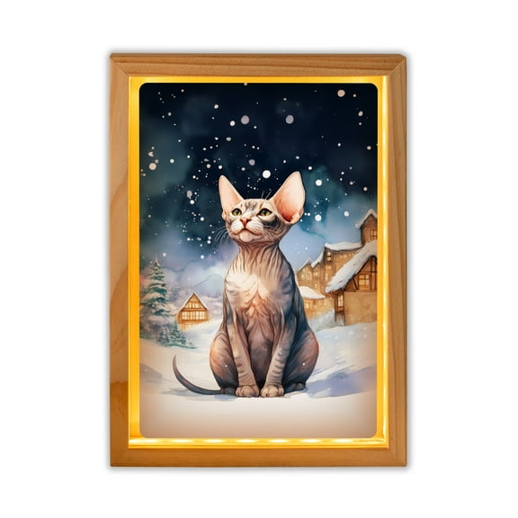 Hello Winter Sphynx Welcome Snowy Night Watercolor Vintage Acrylic Plaque with Wood Photo Frame Box Cat Lover Kitten Owner Gifts Idea Light Box - 01011