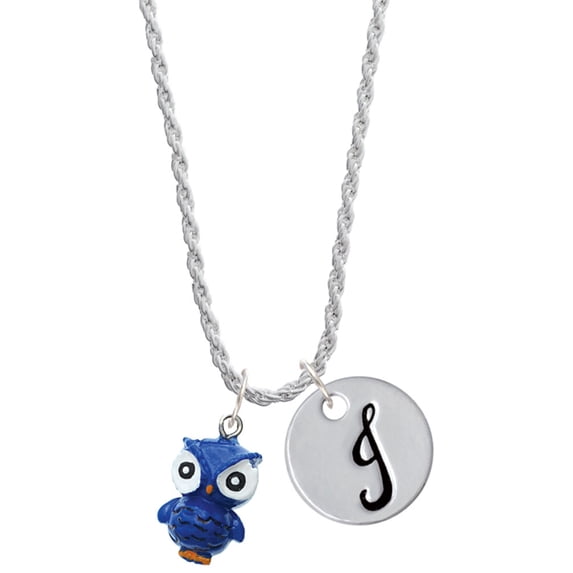 Delight Jewelry Resin Blue Snow Owl Silvertone Script Initial Disc - J - Charm Necklace, 20"+3"