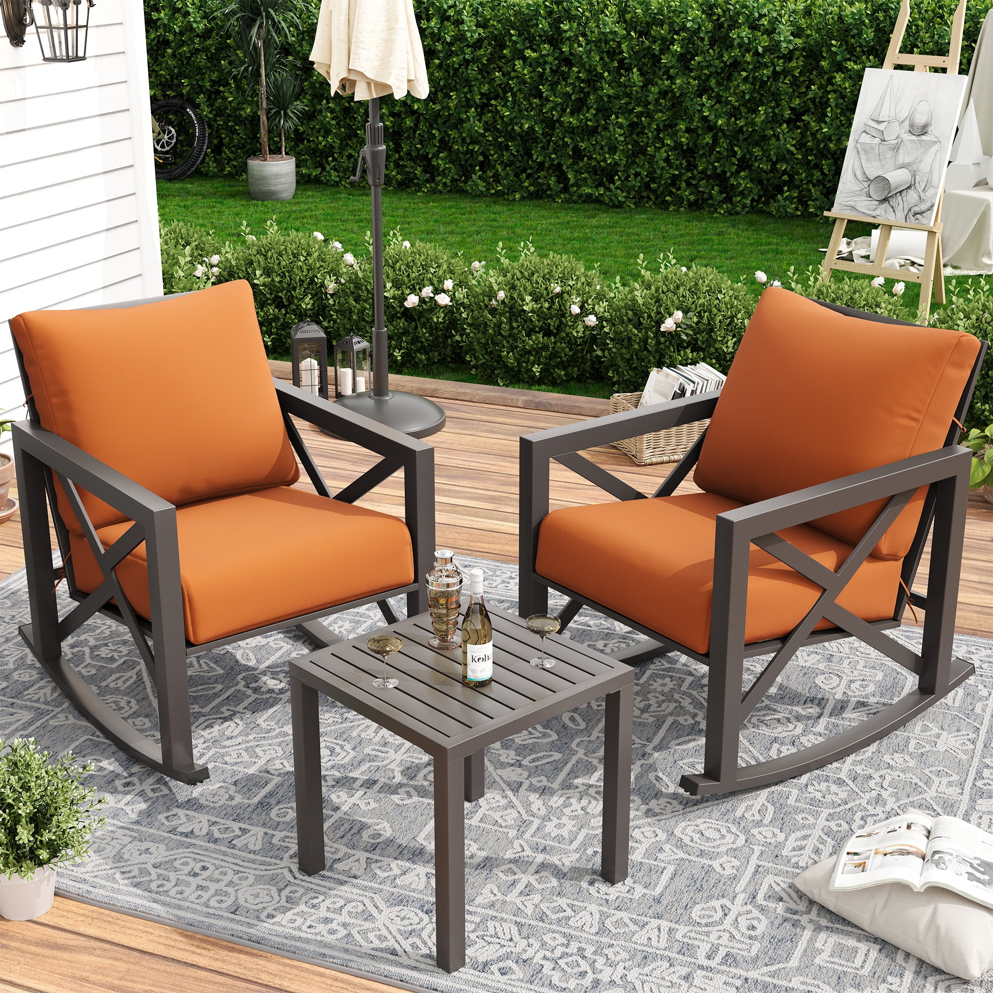 ELPOSUN Rocking Bistro Set, 3 Piece Outdoor Patio Furniture Set with 2 Rockers and 1 Metal Coffee Table, Rattan Conversation Sets with Thick Cushions for Backyard, Porch, Poolside (Orange)