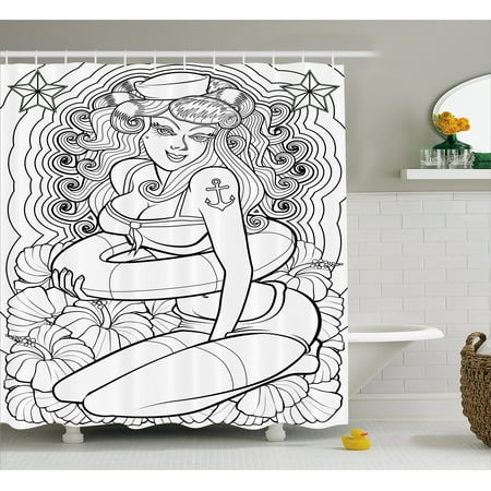Nautical Shower Curtain Tattoo Coloring Book Style Y Pin Up Nautical Shower Curtain Tattoo Coloring Book Style Y Pin Up With Hibiscus Flowers Curls And Stars Fabric Bathroom Set