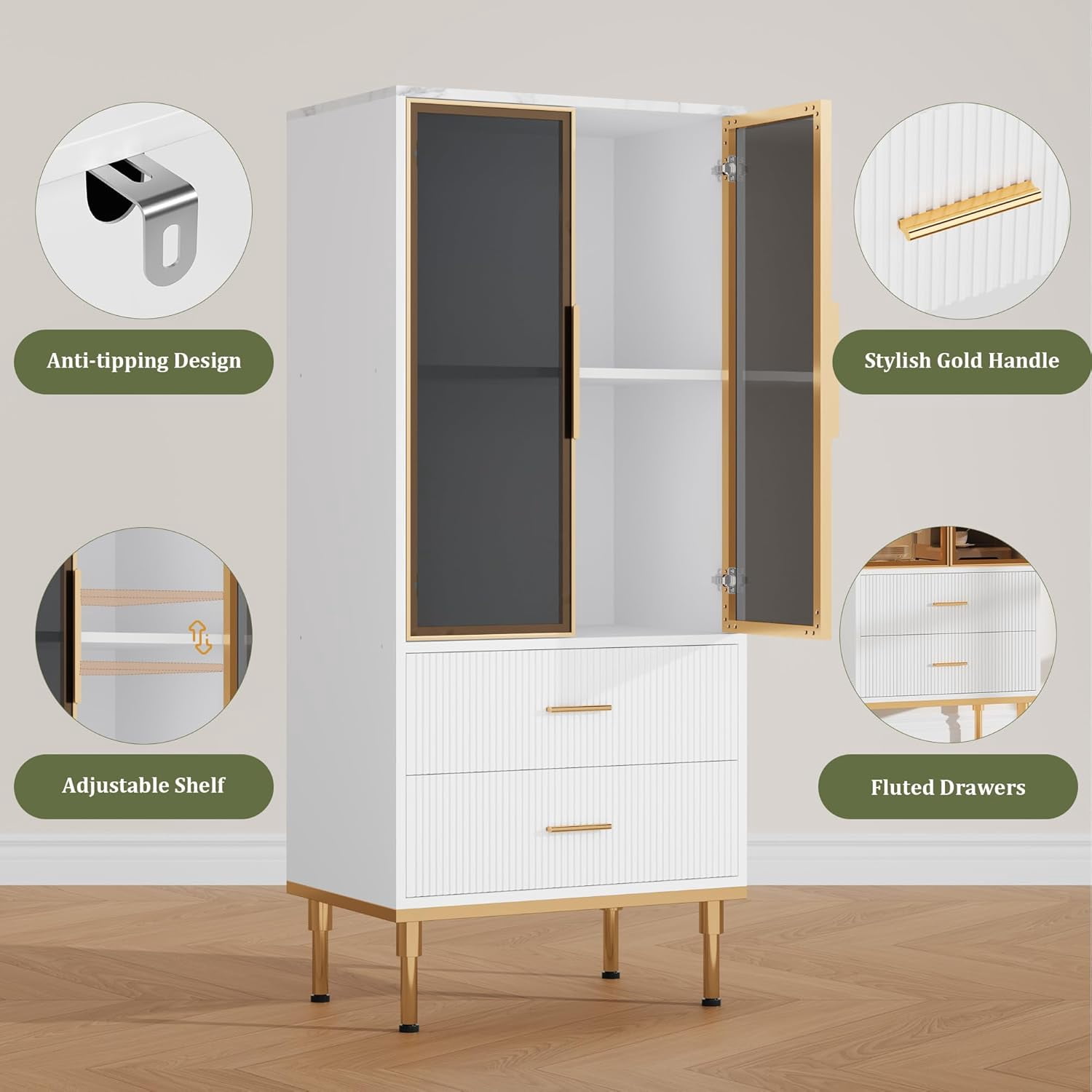 Fluted Storage Cabinet with Glass Door and 2 Drawers, Modern Display Storage Cabinet, Kitchen Pantry with Adjustable Shelves for Collectibles, Living Room, Office