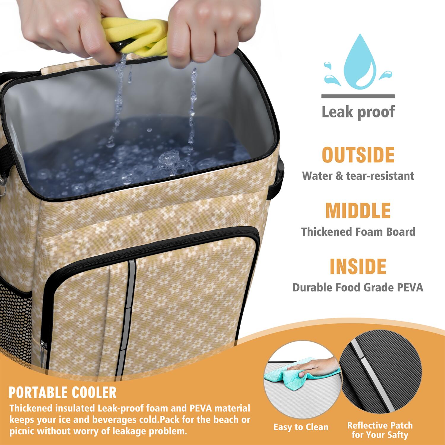 Travel Cooler Bag - Golden Christmas Pattern Camping Beer Cooler Backpack with Bottle Opener- Waterproof Insulated Picnic Backpacks - Cooler Bag for Beach
