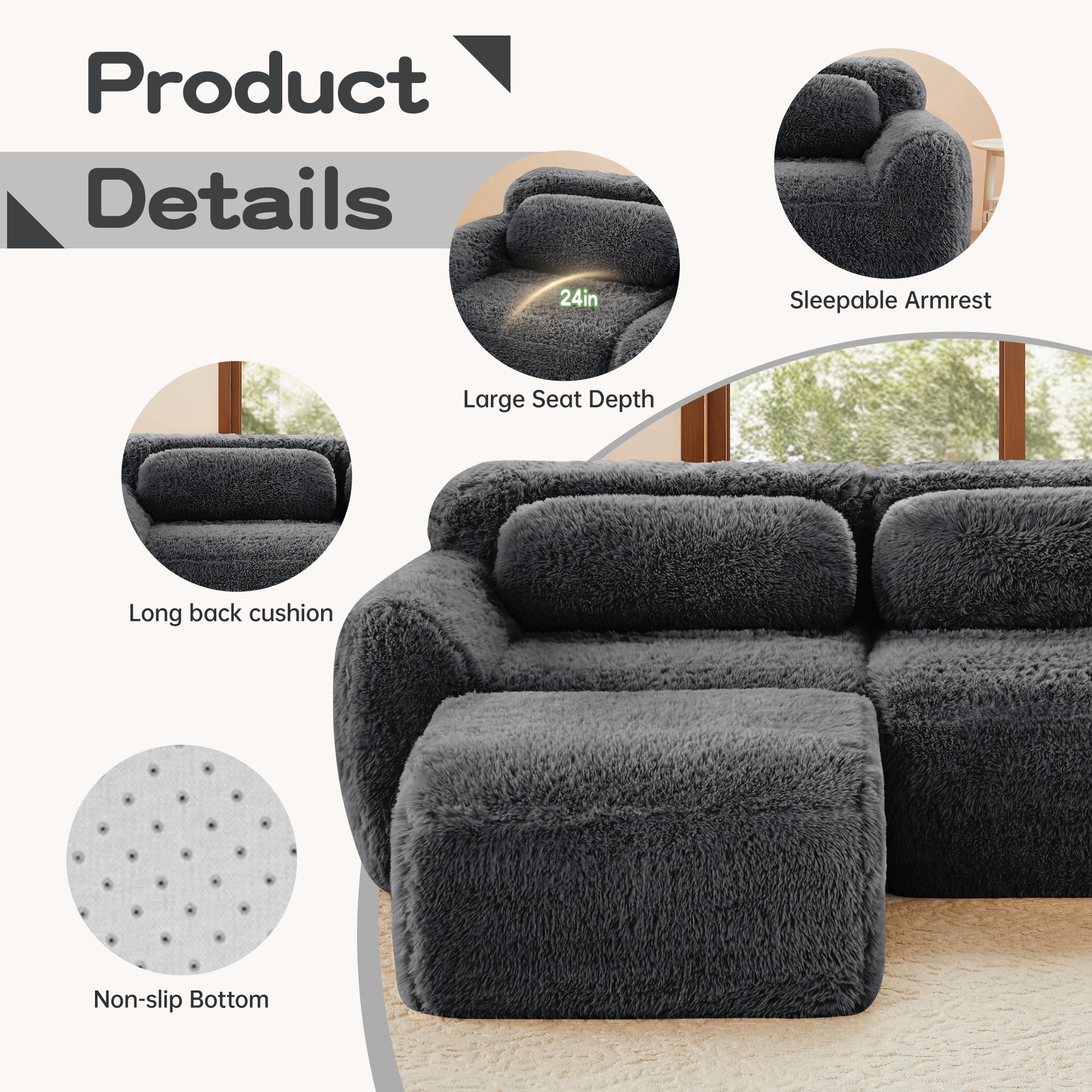 AISWORD 149" 4-Seat U-shaped Modular Cloud Sectional Sofa with 2 Ottoman, Anti-Slip Deep Seat Cloud Sofa, Ready to Use Premium Plush Fabric Boneless Sofa with 32D High-Density Foam&Anti-Slip Bottom