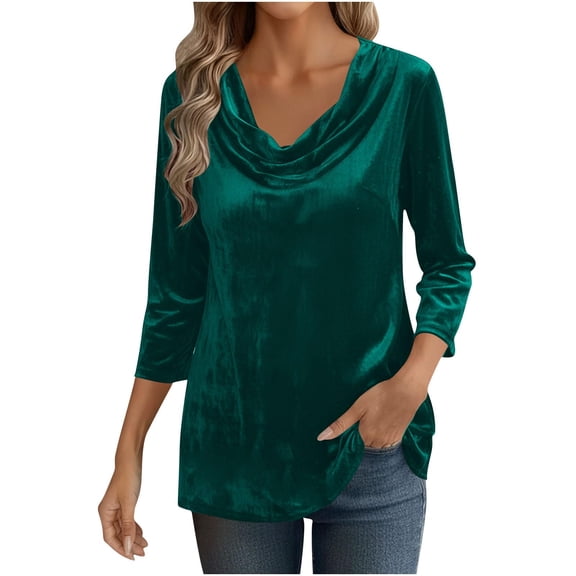Womens Velvet Shirts Dressy Cowl Neck Drape Ruched Front Soft Tops Casual 3/4 Sleeve Loose Fit Solid Blouses T Shirts