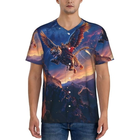 Hirioo Starry Sky Flying Tiger for Men s Baseball T-shirt Shirts Short Sleeve Casual Summer Button Stretch T Shirts Size S-4XL-Medium