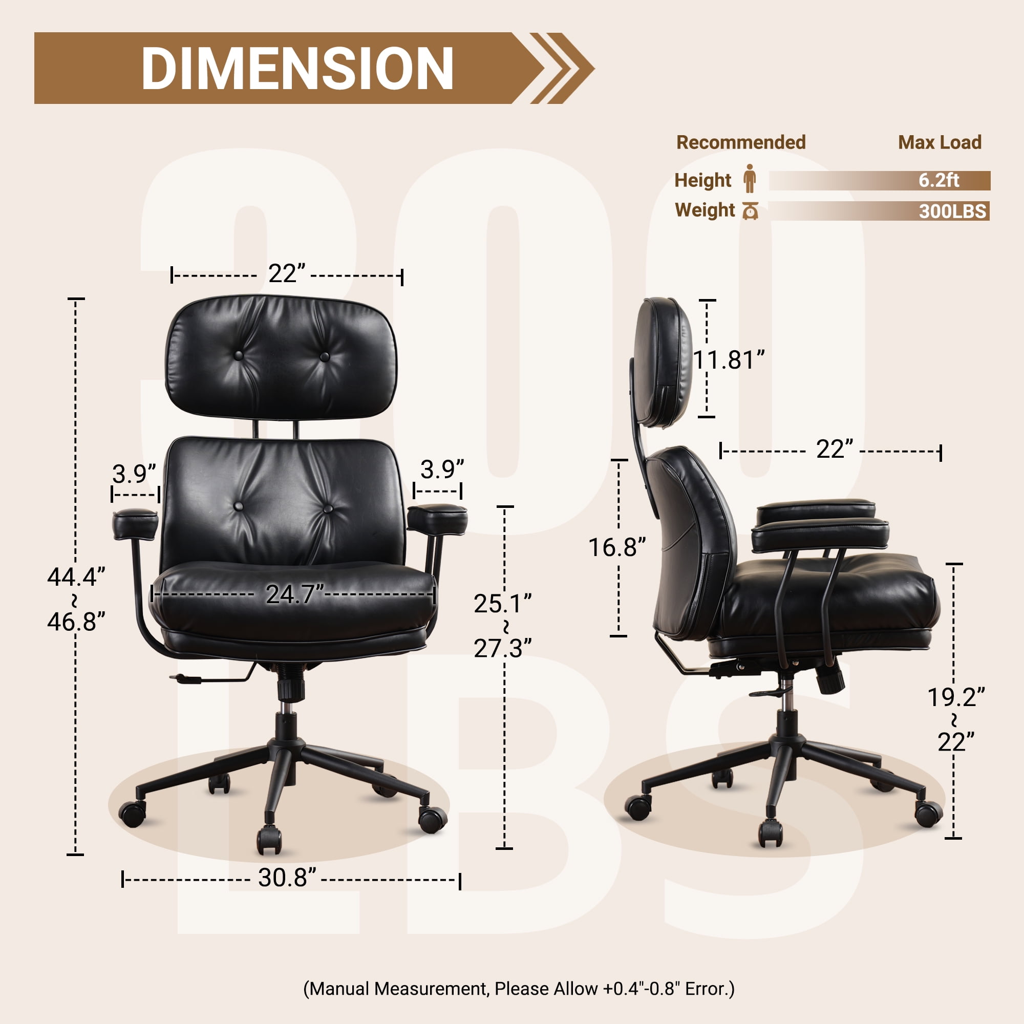 Ovios PU Leather Office Chair High Back Ergonomic Desk Chair with Lumbar Support Mid-Century Executive Computer Chair with Wheels for Home Office, Black