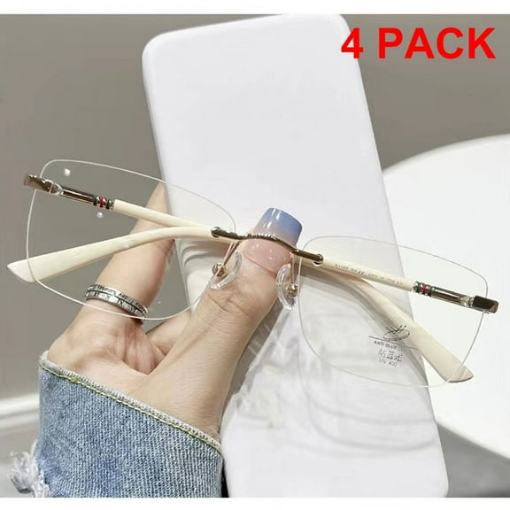 4 Pairs of Women White Rimless Rectangular Reading Glasses, Men Frameless Metal Blue Light Blocking Readers