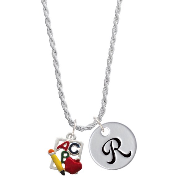 Delight Jewelry Silvertone ABC Cutout School Slate Silvertone Script Initial Disc - R - Charm Necklace, 20"+3"