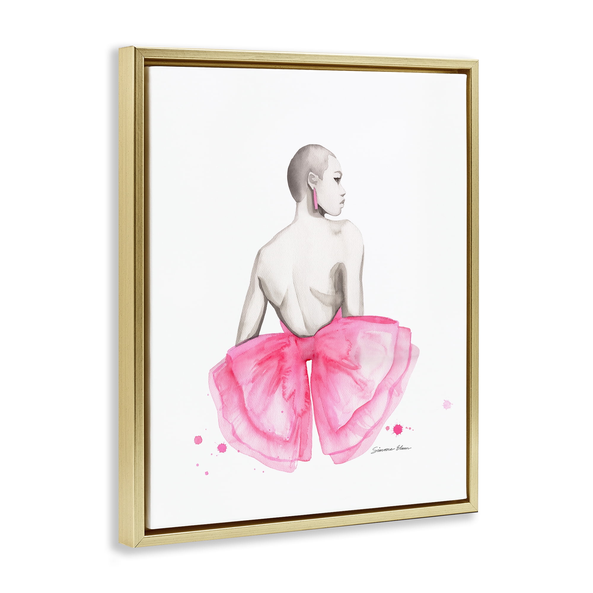 Stupell Industries Pink Bow Portrait From Behind Gold Framed Floater Canvas Wall Art, design by Simone Elum