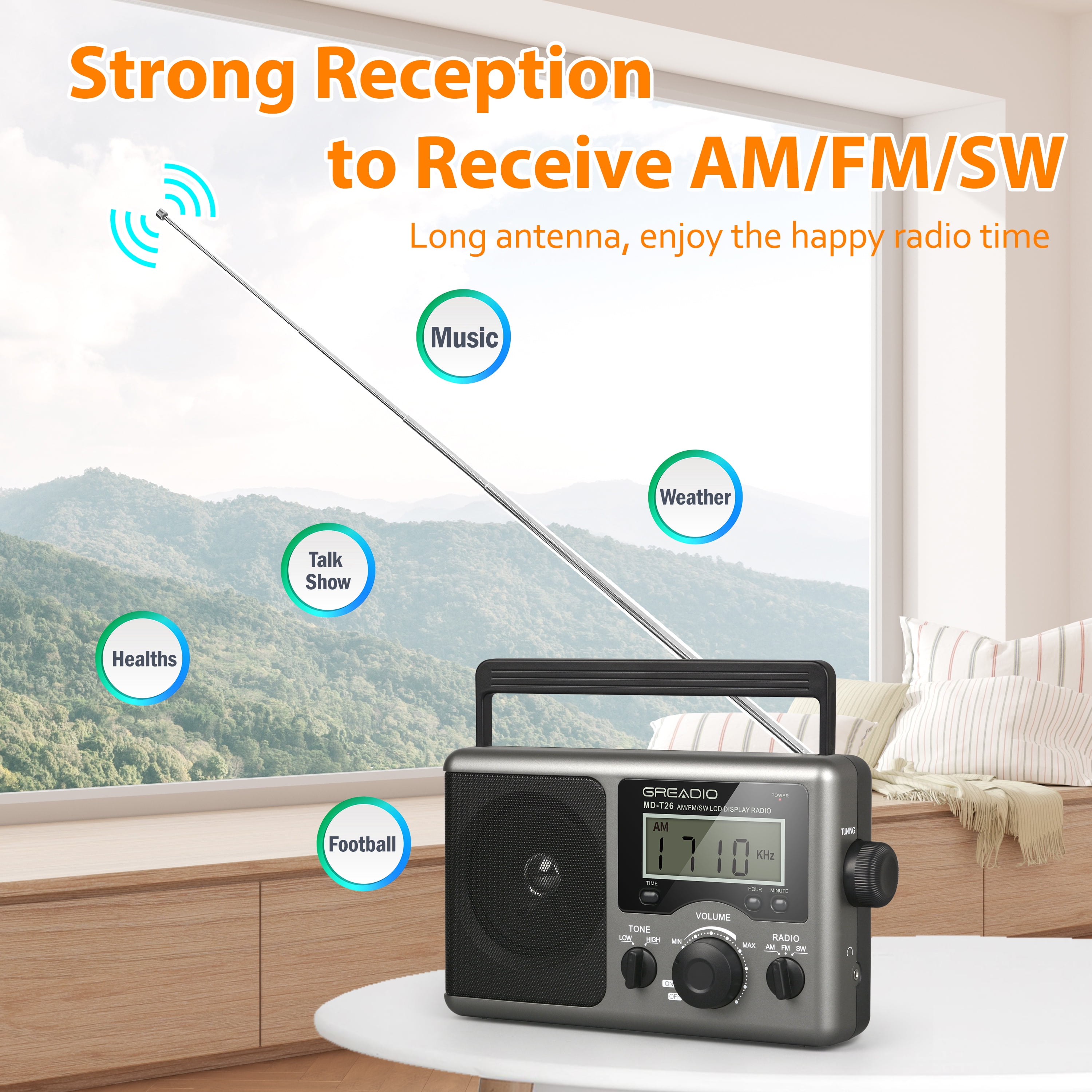 Jazmm Portable Shortwave Radio, AM FM Transistor,LCD Display,Time Setting,Battery Operated by 4 D Cell Batteries or AC Power, Big Speaker for Elder, Home