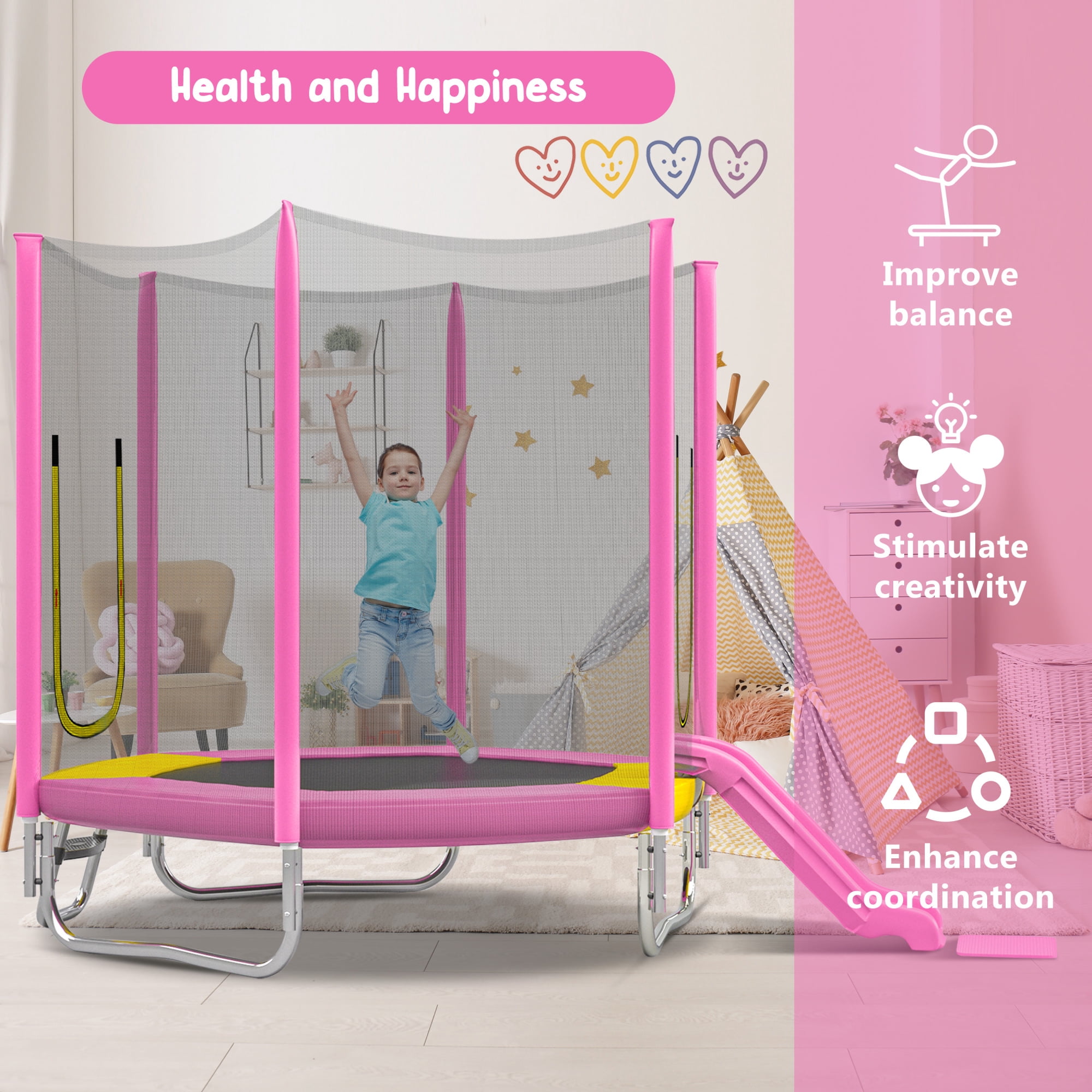 Arspjes 7FT Trampoline for Kids,Outdoor Recreational Trampolines with Safety Enclosure Net,Mini Trampoline with Slide and Ladder,Pink