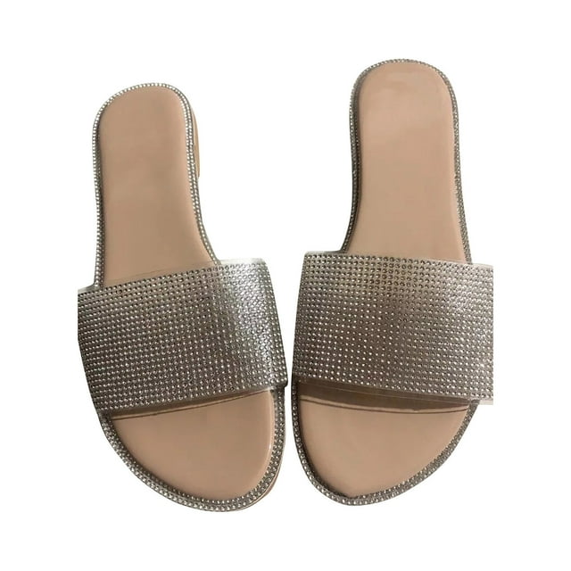 Womens Flat Sandals Rhinestone Clear Strap Open Toe Colorful Blingbling Non Slip Lightweight Breathable Summer Beach Sandals Beige