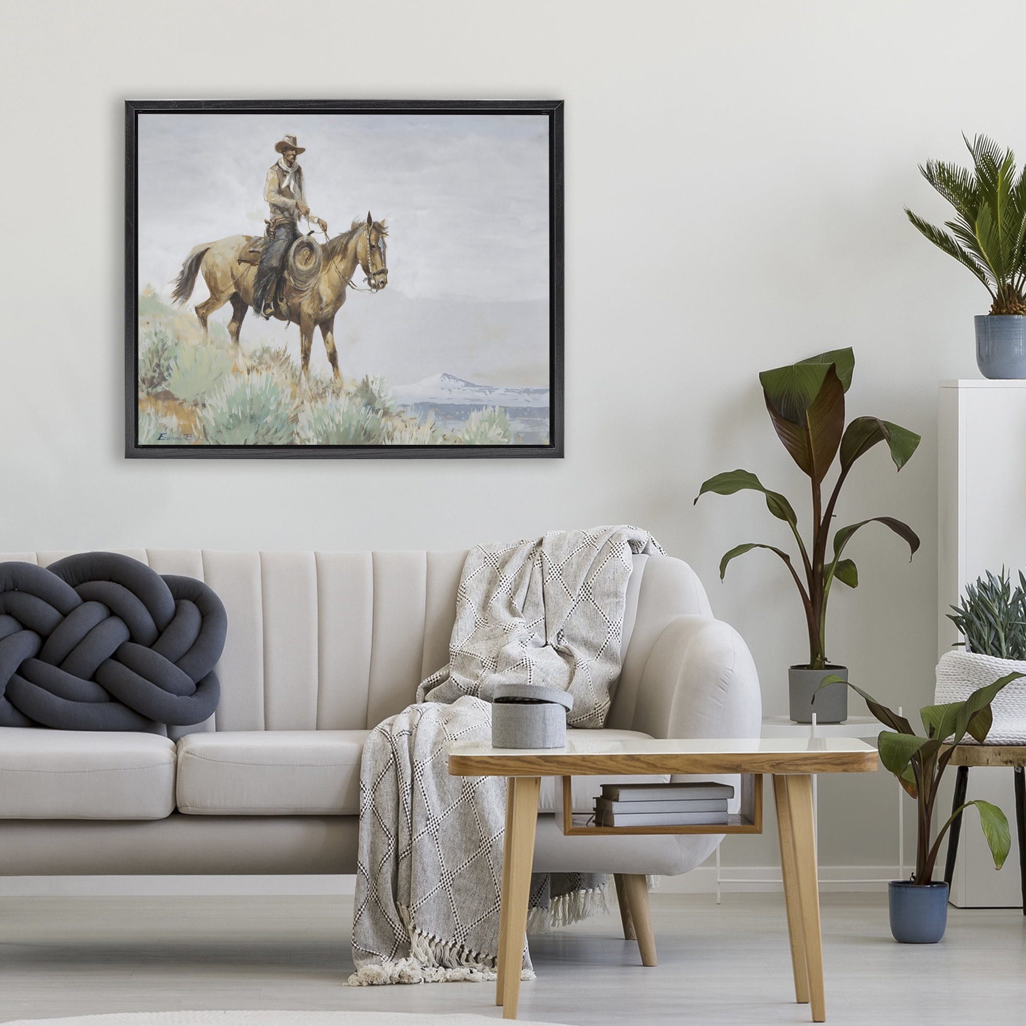 Stupell Industries Mounted Cowboy on Sagebrush Ridge Black Framed Floater Canvas Wall Art, design by Arlington Prints