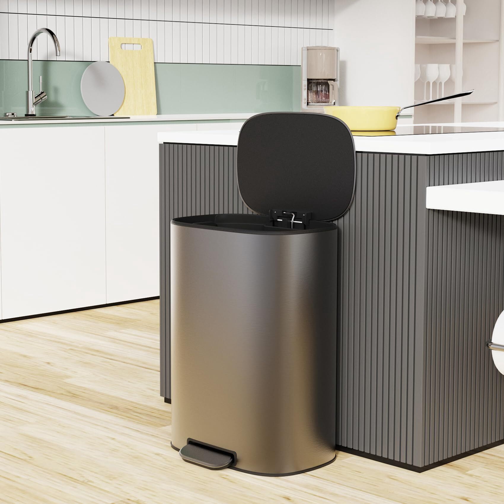 50 Liter/13.2 Gallon Step Trash Can with Inner Liner, Oval Garbage Can with Soft Close Quiet Lid, with 30 Garbage Bags for Kitchen/Home/Office and More - Stainless Steel Thickened Body （Silver Gray）