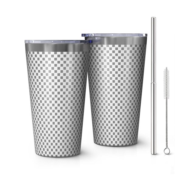 16oz Tumblers Gray White Checkered Pattern Stainless Steel Vacuum Insulated Double Wall Travel Tumbler Cups Mug with Lid and Straw,Cleaning Brush for Coffee,Tea