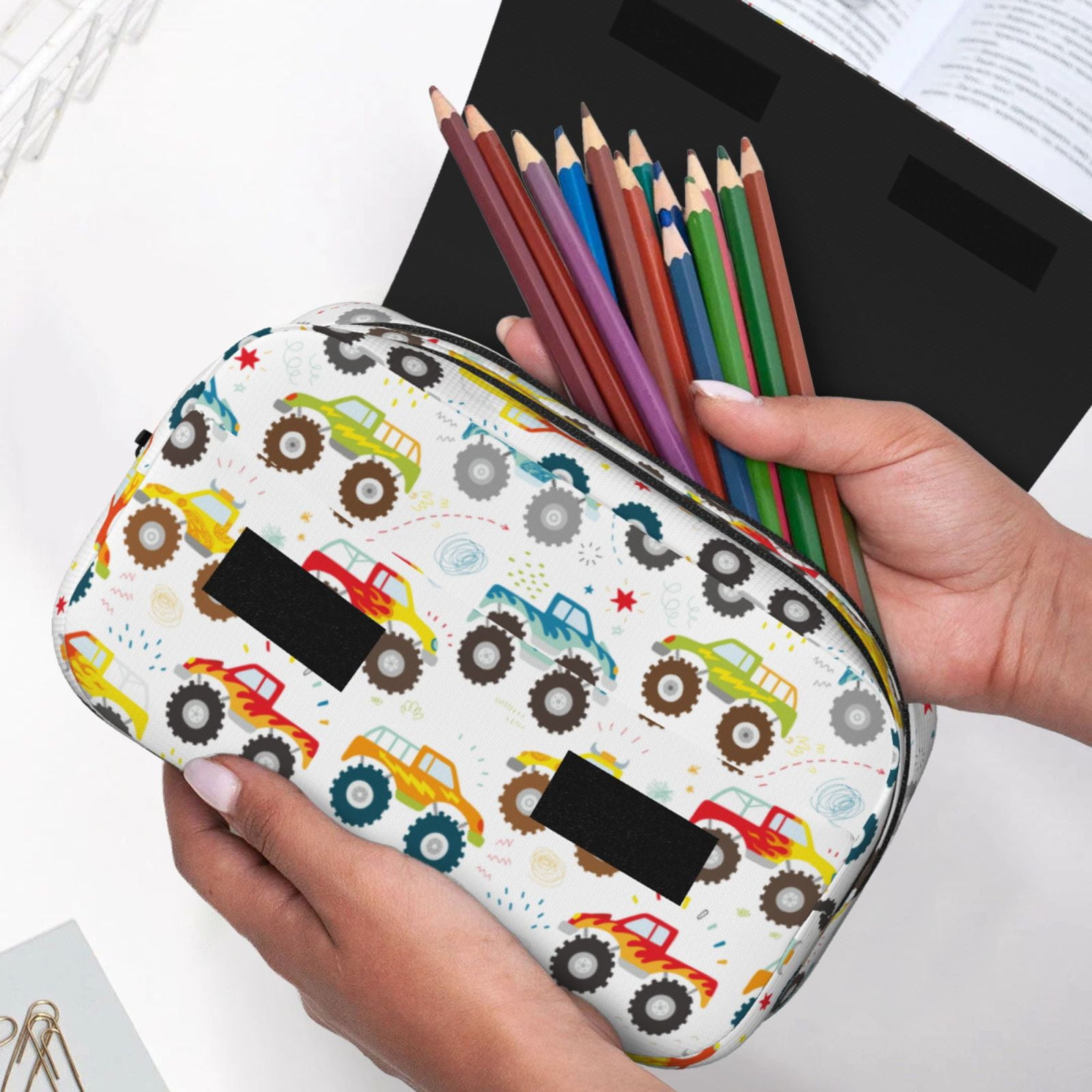 Rateoe Cartoon Monster Trucks Pattern Double Clamshell Pen Case, Storage Organizer with Two Zipper Compartments– Holds Up to 50 Pencils & Pens