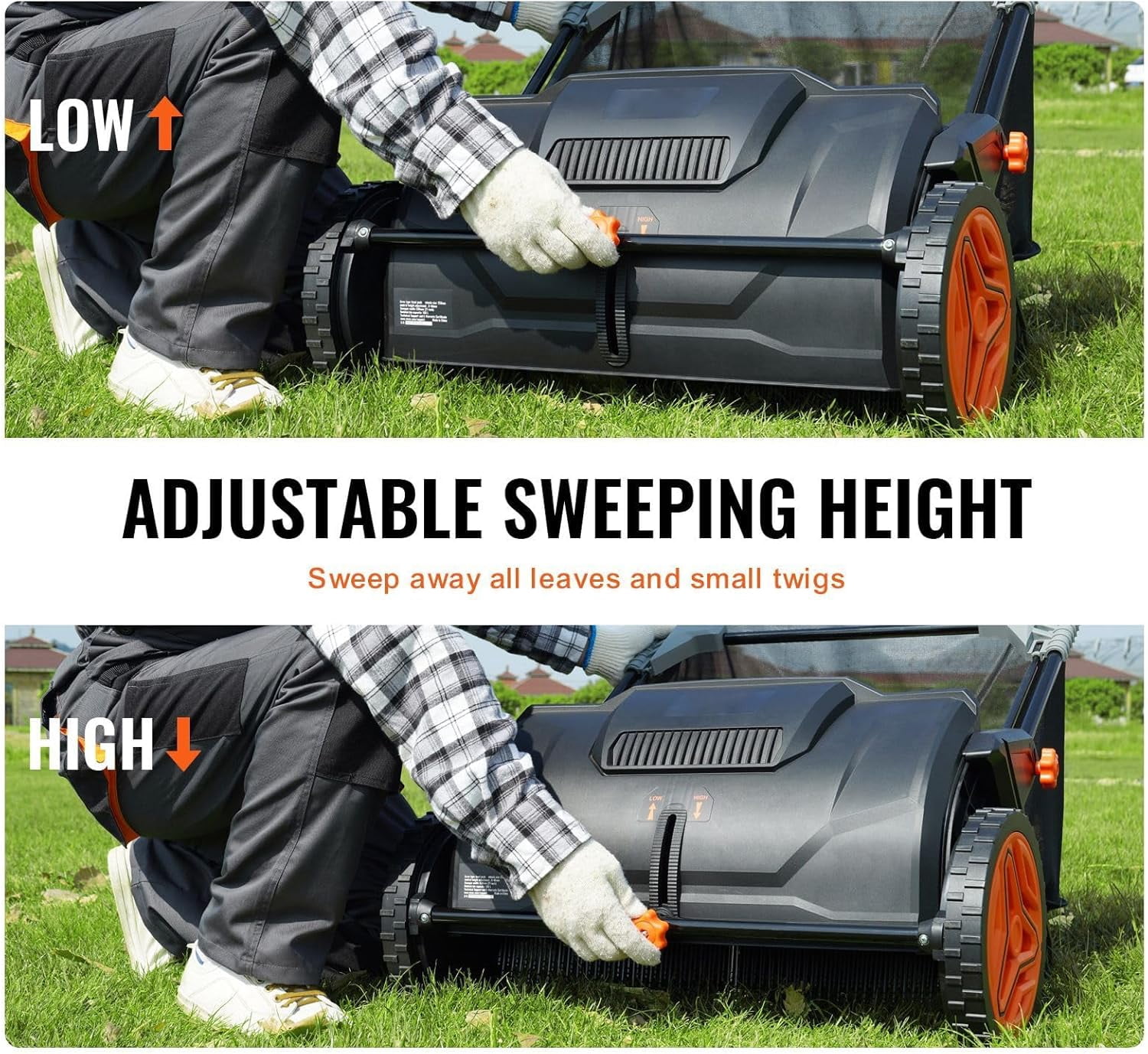 Push Lawn Sweeper 21 Inch Leaf and Grass Collector with 3.5 cu ft Hopper Bag Heavy Duty Yard Sweeper with Adjustable Height Spinning Brushes for Lawn Garden Cleaning