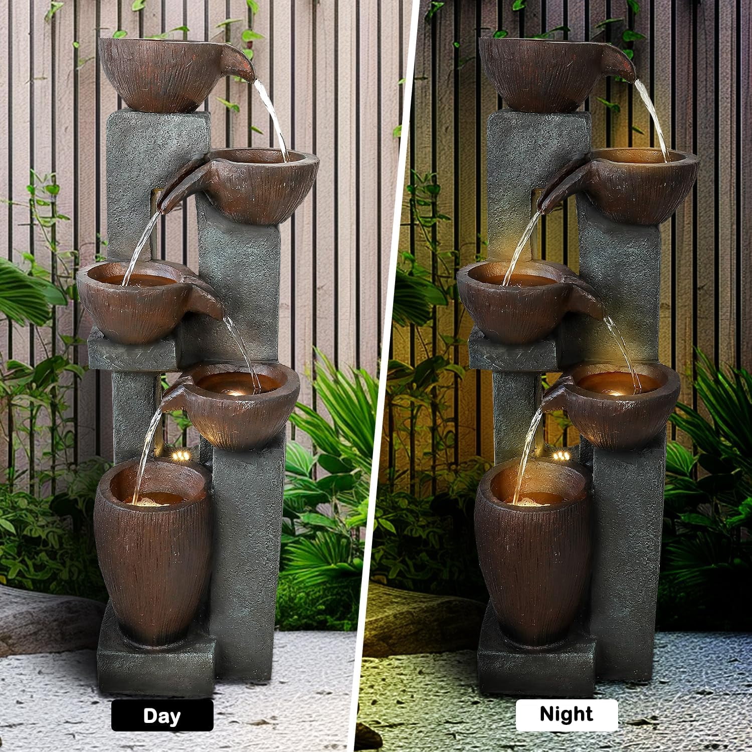 Fountains 5-Tier Modern Rustic Indoor & Outdoor Fountain, Dark Brown Finish with LED Lights | Resin | Tiered Waterfall