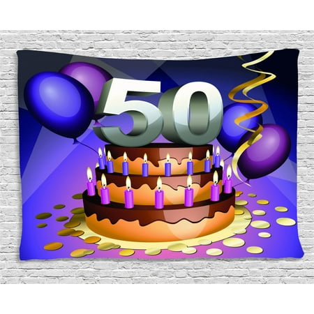 50th Birthday Decorations Tapestry Creamy Cake With Many Candles