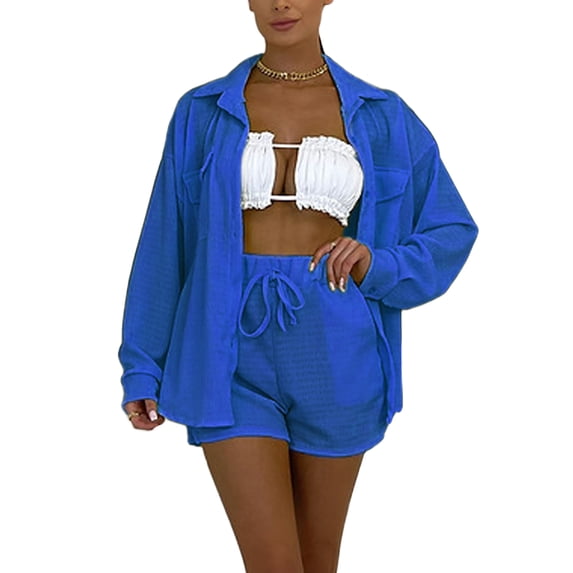 KOMOO Women 2Pcs Shorts Sets Solid Color Lapel Long Sleeve Button-Down Shirt Elastic Drawstring Shorts Outfits Tracksuit