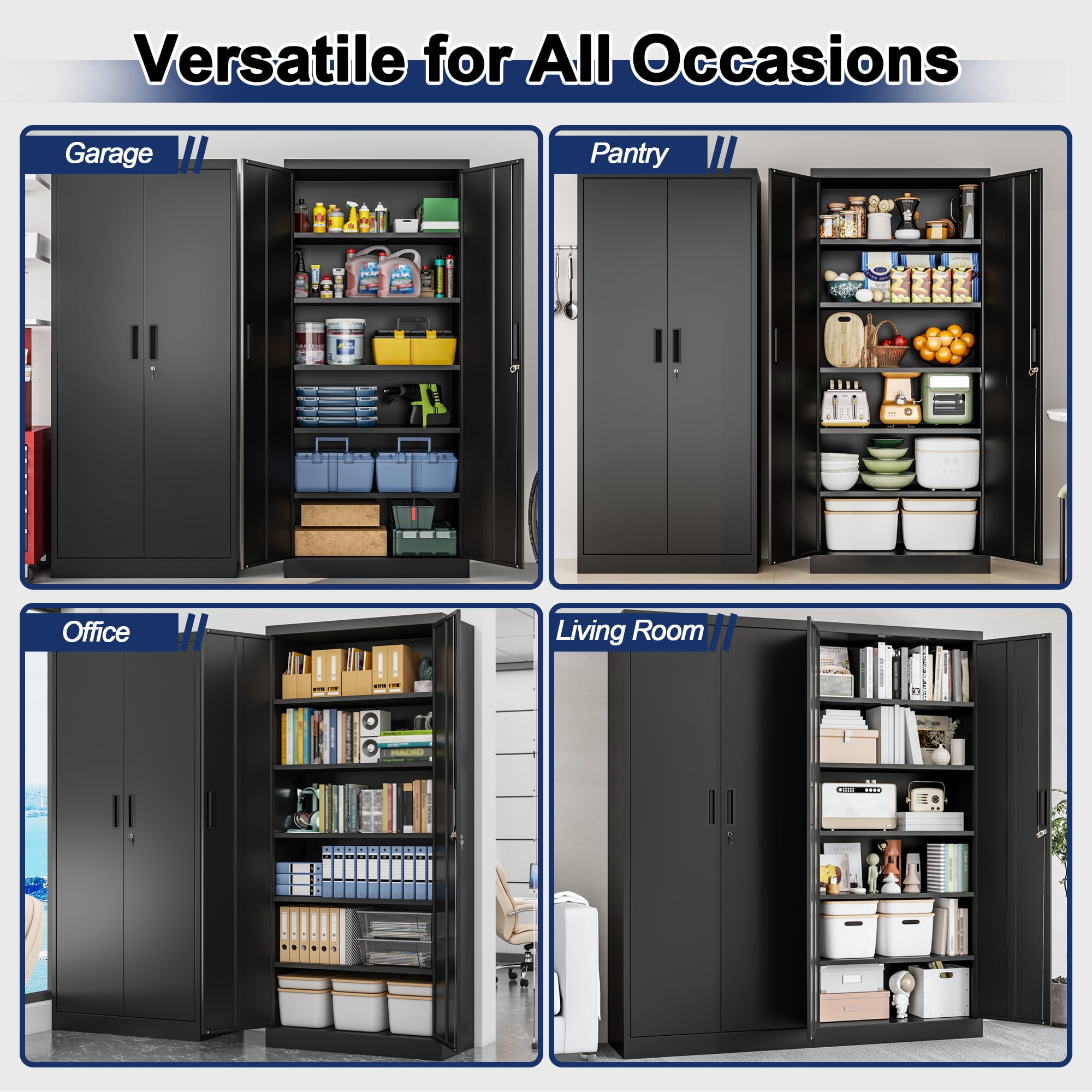 BESFUR Metal Cabinet with 5 Adjustable Shelves and Doors, Locking Storage Cabinet for Garage, Classroom and Office - Black