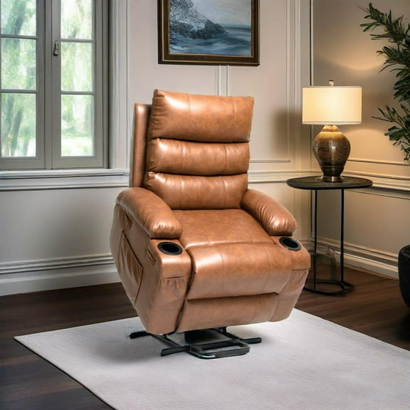 Youmumeub Massage Recliner Chair with Heat, Power Lift Sofa with 8-Point Vibration, Cup Holders & Side Pockets, Brown PU Leather